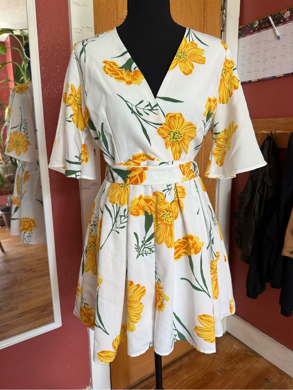Floral Wrap Romper Dress - Yellow Floral on White